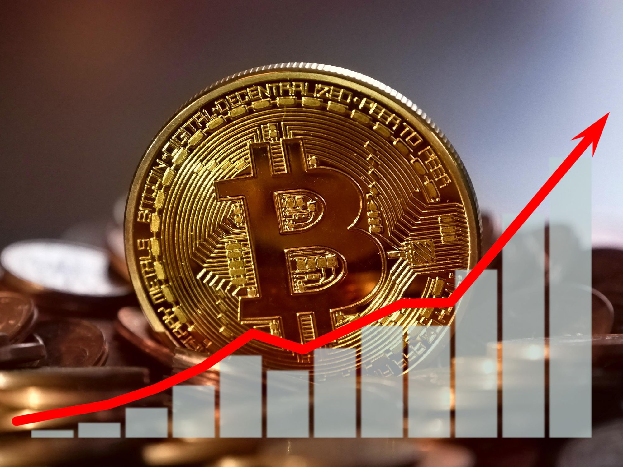 Bitcoin next to bar chart with the price trend going up