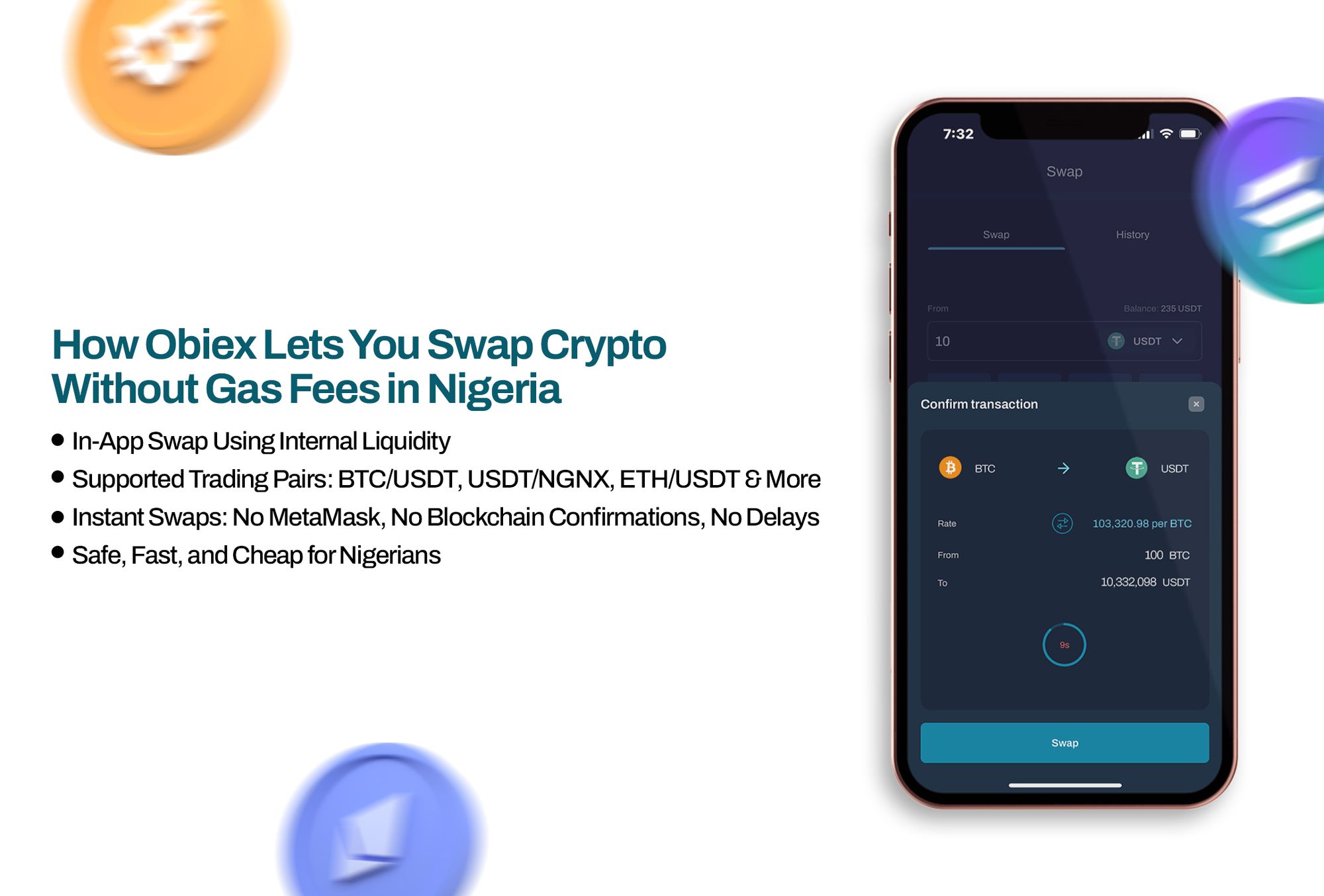 A phone screen showing how to swap without fees on Obiex