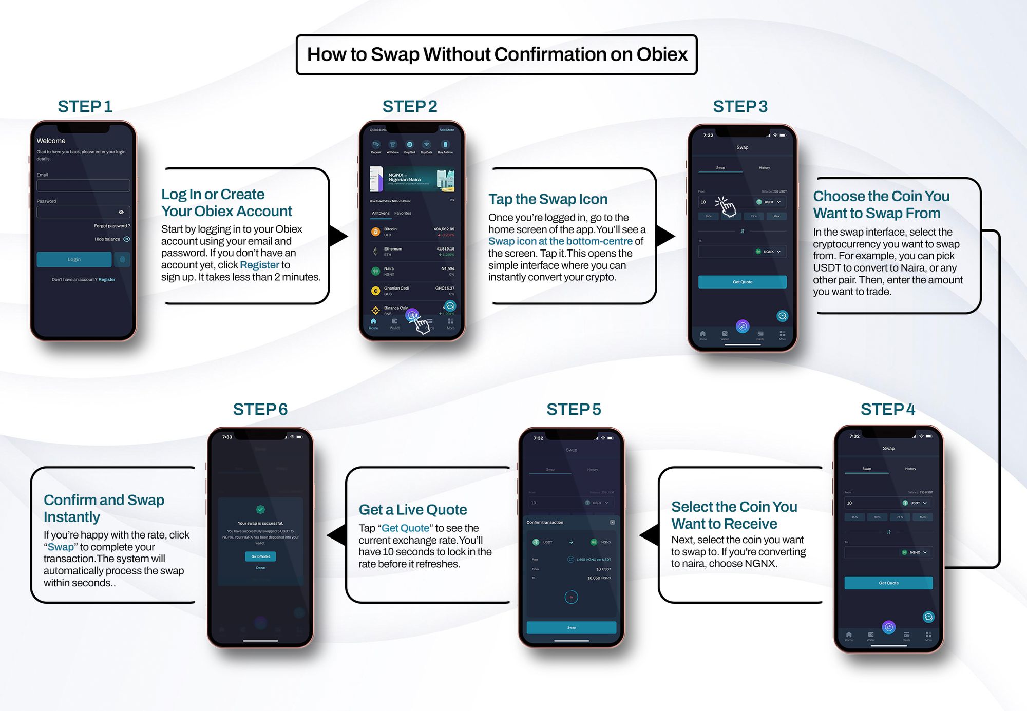 Step-by-step screenshots on how to swap without confirmation on Obiex