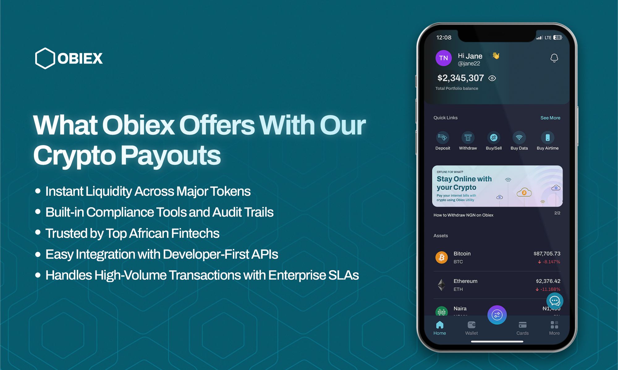 A list of Obiex's crypto payout offerings