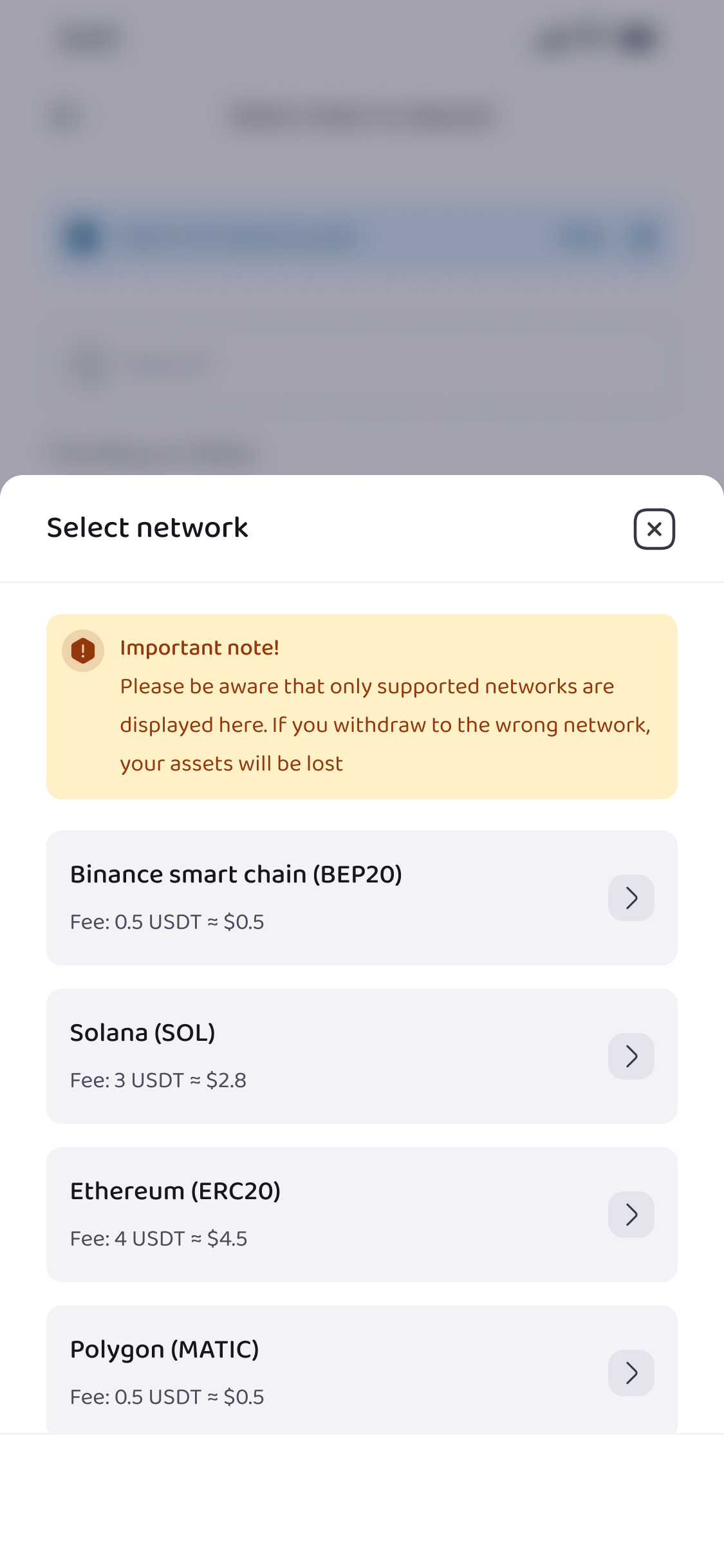 Withdrawal Network Selection Page